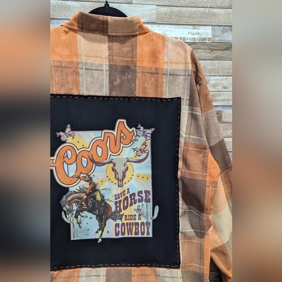 Coors Save A Horse Ride A Cowboy Upcycled Dip Dye Bleach Woven Button Down Shirt - Picture 5 of 15